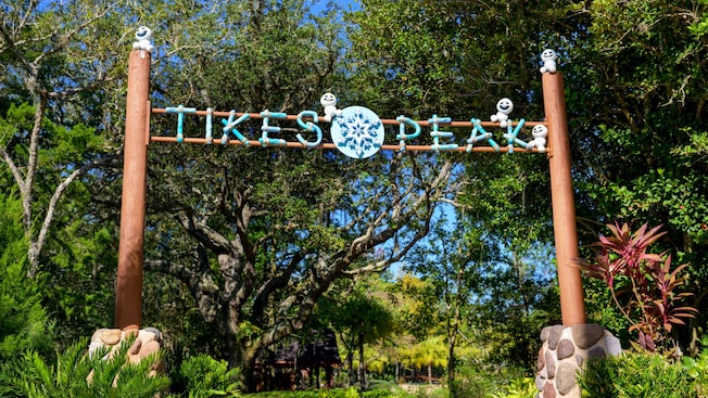 A sign at Disney’s Blizzard Beach water park that reads ‘Tikes Peak’