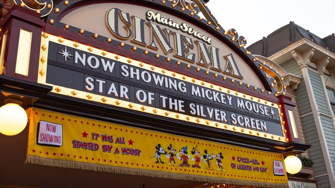 The signage for Main Street Cinema reading, “Now Showing Mickey Mouse Star of the Silver Screen”