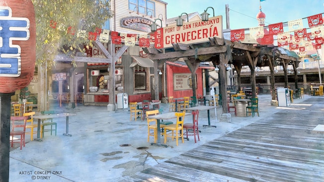 A rendering of Port of San Fransokyo Cerveceria and outdoor patio