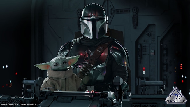 Din Djarin and Grogu at a set of controls with a Star Tours icon