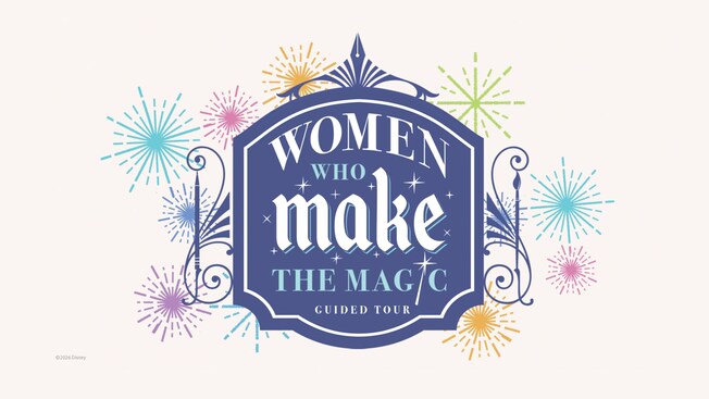 The logo for Women Who Make the Magic Guided Tour with an ornate frame, decorative lampposts and bursts of fireworks