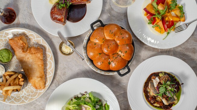 A spread of dishes, including Parker Rolls, Fish and Chips and Beef Wellington