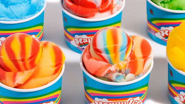 Two rows of swirled Italian ice cups from Happy Ice at Disney Springs