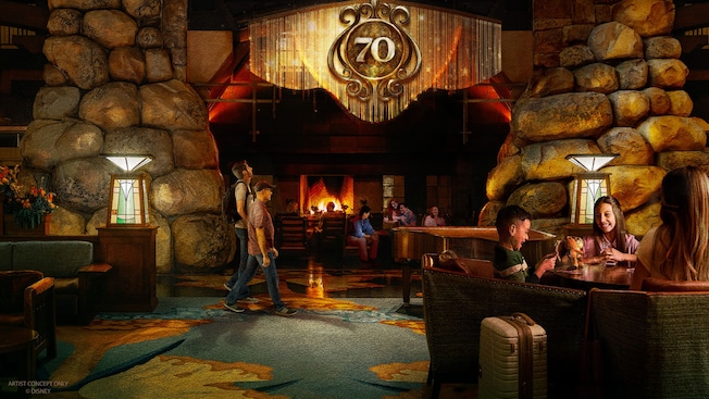 An artist rendering of Guests sitting and walking near a large stone fireplace decorated with a shimmering '70' emblem inside a rustic lodge style lobby