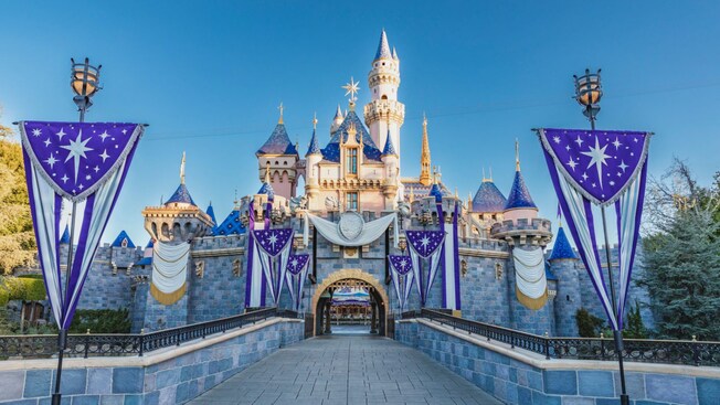 Sleeping Beauty Castle, adorned with elegant banners and bunting in honour of the Disney100 Celebration 