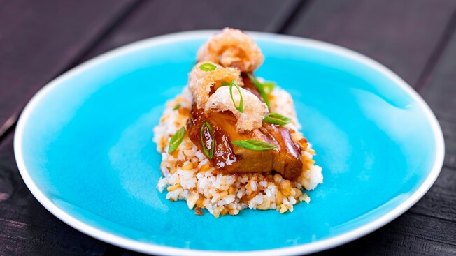 A plate of Braised Pork Belly Adobo with Garlic Rice from Favourite Things at the 2025 Disney Festival of the Holidays in Disney California Adventure Park