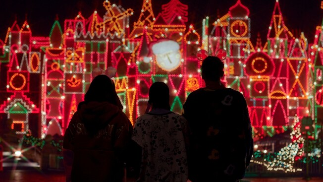 A silhouette of a family looking at lights during Holiday Time at the Disneyland Resort Guided Tour