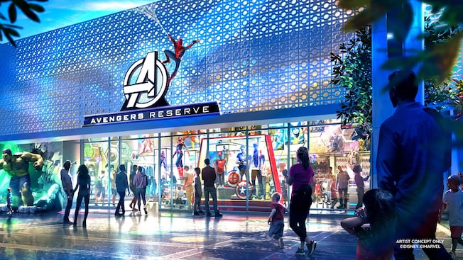 Representación artística del edificio Avengers Reserve por la noche y grupos de Visitantes afuera mirando hacia adentro