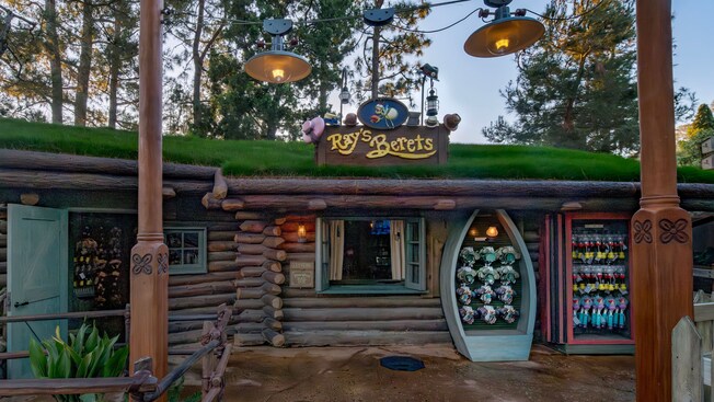 A cabin with grass on the roof, merchandise displayed out front and a sign that says ‘Ray’s Berets’