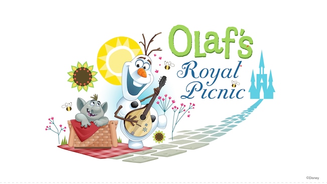 Un gráfico con Olaf de la película animada de Disney Frozen tocando una guitarra junto a un trol en una canasta de picnic y las palabras “Olaf's Royal picnic” Un gráfico con Olaf de la película animada de Disney Frozen tocando una guitarra junto a un trol en una canasta de picnic y las palabras “Olaf's Royal picnic”