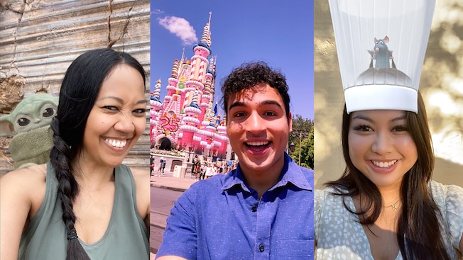 3 panels featuring Guests using Disney PhotoPass Lenses with Star Wars, Pixar and Cinderella Castle filters