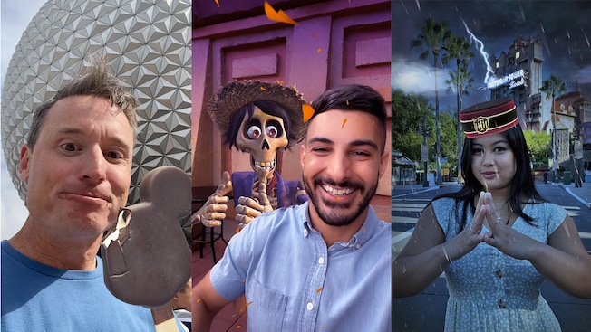 3 panels featuring Guests using Disney PhotoPass Lenses including Walt Disney World Resort and Pixar filters