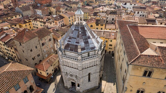 An aerial view of Pistoia, Italy including the San Giovanni in Corte Baptistery