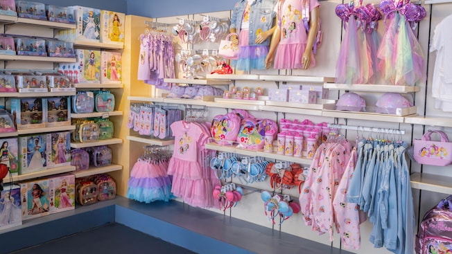 A section of In Character shop at Disney’s Hollywood Studios displaying Disney Princess merchandise