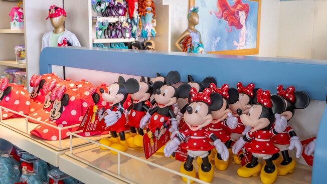 A section of In Character shop at Disney’s Hollywood Studios displaying Mickey Mouse, Minnie Mouse and Ariel merchandise