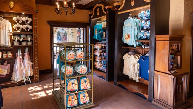A section of La Bottega Italiana at Epcot displaying Disney merchandise