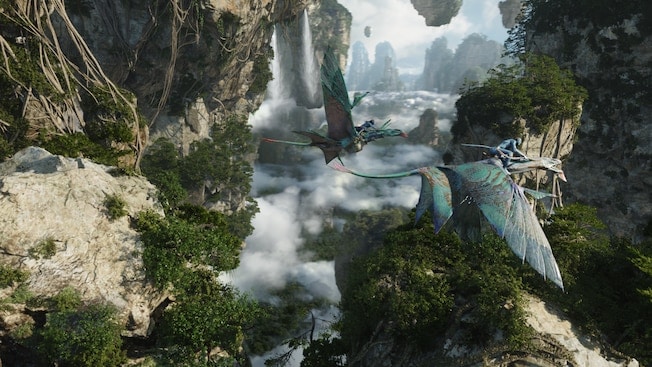 A boy flies with Na'vi and Mountain Banshees through the skies over Pandora