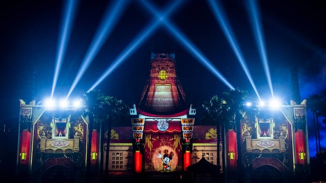 Lights and projections display during the Wonderful World of Animation show at the Chinese Theatre in Disney’s Hollywood Studios at night.
