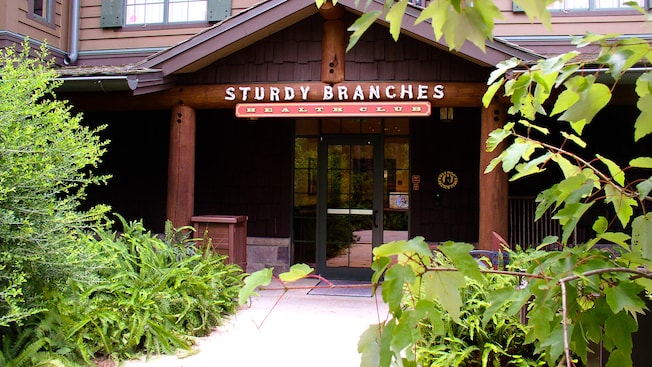 A wooden building has a sign that reads Sturdy Branches Health Club
