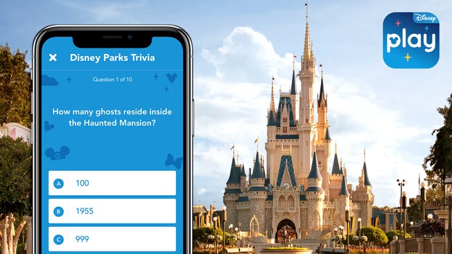 Cinderella Castle, the Play Disney Parks mobile app logo and a smartphone screen with text that reads “Disney Parks Trivia” and “How many ghosts reside inside the Haunted Mansion?”
