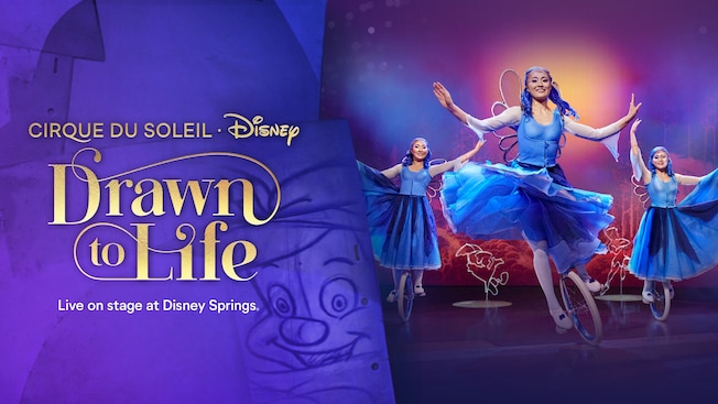 Three performers on unicycles with a logo for Drawn to Life Presented by Cirque du Soleil and Disney