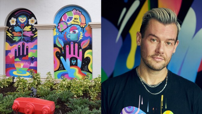 A headshot of Jason Naylor next to his outdoor mural