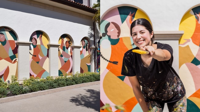 Artist Liz Flores and her mural honoring Women's History Month at Disney Springs Art Walk