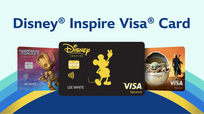 Disney Inspire Visa Card. Disney Visa Card design options, including Groot, Icon Mickey Mouse and the Mandalorian and Grogu.