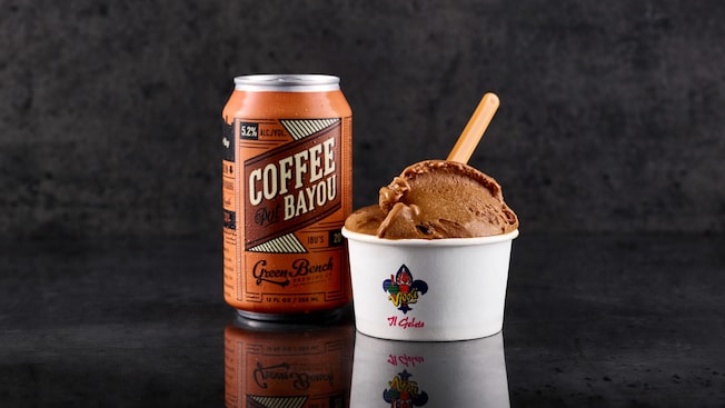 An aluminum can saying Coffee Bayou next to a cup of gelato