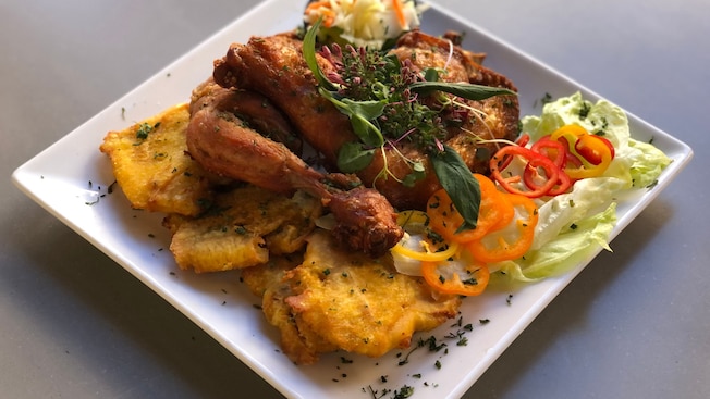 Chicken and fried plantains on a square plate