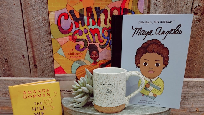 The Little People, Big Dreams book by Maya Angelou on a table next to a mug, a record and another book