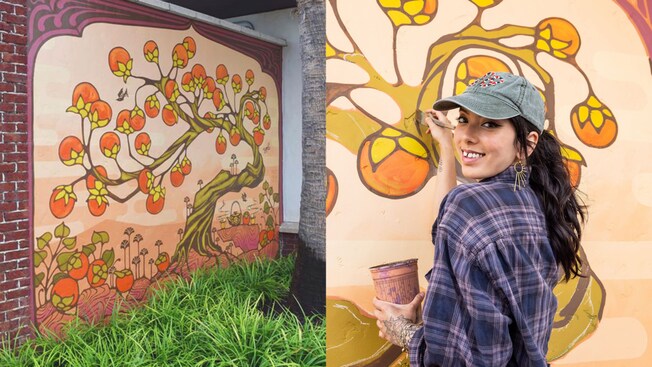 A headshot of Brett Tachi next to her outdoor mural