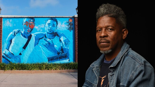 An image of artist Ernest Shaw next to an image of one of his murals featuring 2 boys arm in arm