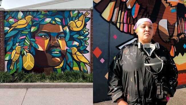 A mural of a woman’s face surrounded by 4 birds next to an image of artist, Nardstar