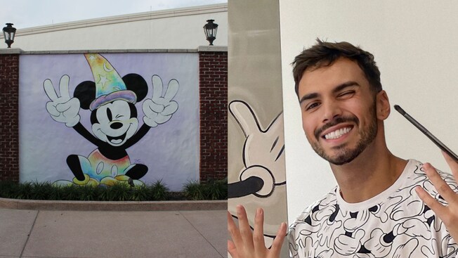 A painting of Mickey Mouse winking and wearing the Sorcerer’s hat and A headshot of Dom Corona