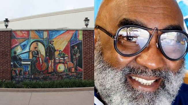 A mural of 3 musicians playing instruments and a headshot of Everett Spruill
