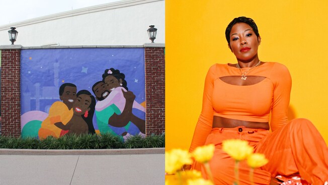 A mural featuring a smiling family standing near a castle and a headshot of artist Laci Jordan