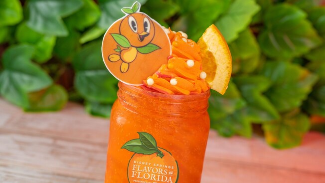 An Orange Bird Float with an Orange Bird cutout and sticker that reads ‘Disney Springs Flavors of Florida’