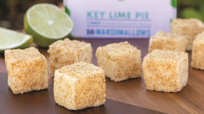 Eight Key Lime Pie Marshmallows and 2 key limes on a table from Wondermade