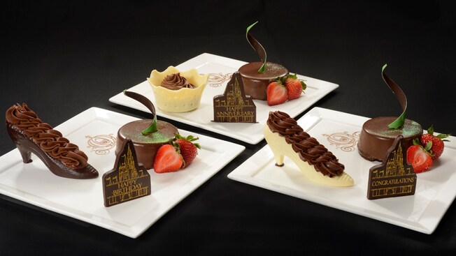 Three plates feature 3 chocolate desserts, including white or dark chocolate princess slippers