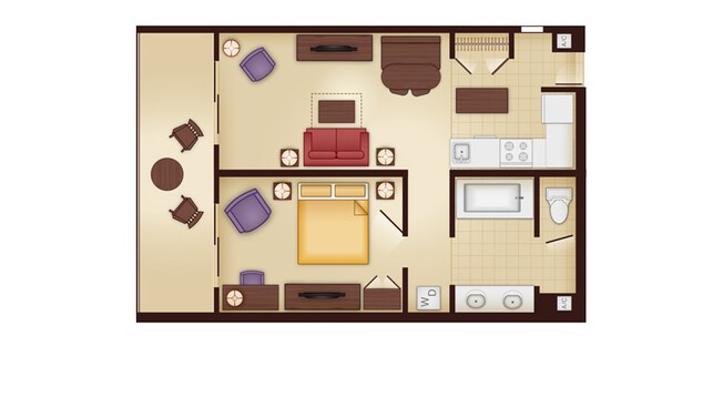 A planta baixa de 1 quarto revelando uma cozinha, área de jantar, área de estar com um sofá-cama, um pátio e um quarto principal com um banheiro anexo 