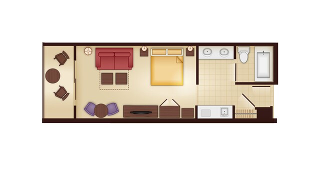 A planta baixa de um studio relevando um banheiro, gabinete duplo, cozinha compacta e área de estar com uma cama, TV, sofá-cama, área de jantar para 2 pessoas e um pátio