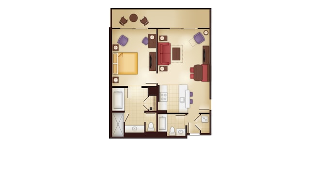 A planta baixa de uma Villa de 1 quarto revelando uma cozinha aberta, área de jantar, área de estar com sofá-cama, 2 banheiros e um quarto com um pátio