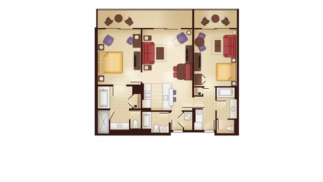 A planta baixa de uma Villa de 2 quartos revelando uma cozinha, área de jantar, área de estar, 2 sofás-camas e 2 quartos, cada um com banheiro e pátio