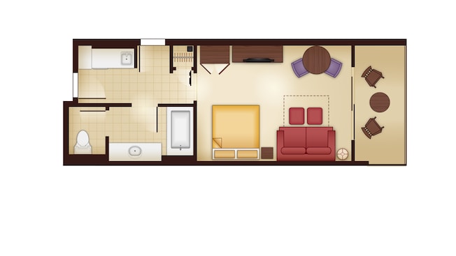 A planta baixa de um 'Studio categoria Deluxe revelando um banheiro, cozinha compacta, e área de estar com uma cama, sofá-cama, área de jantar, frigobar e um pátio
