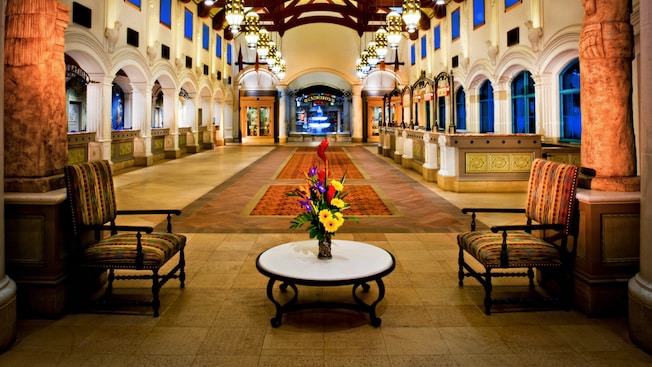 The arch-lined reception area in the lobby of Disney's Coronado Springs Resort