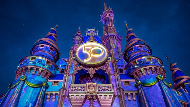 Cinderella Castle with the 50th anniversary logo adhered to the front