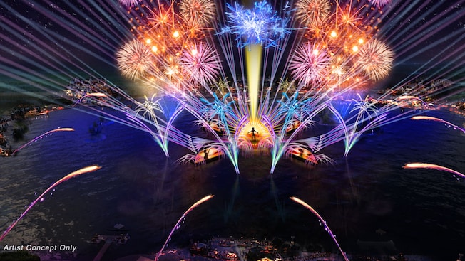 Uma ilustração de um show na World Showcase Lagoon no Epcot com uma figura humana cercada por foguetes de artifício explodindo e raios de luz