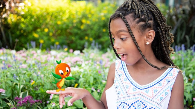 An Orange Bird Magic Shot superimposed on the outstretched hand of a young girl, who gazes in awe at Orange Bird