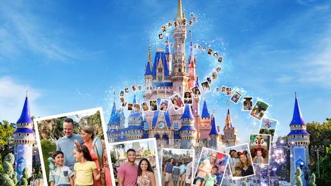 A series of Guest photos encircling Cinderella Castle at Magic Kingdom park